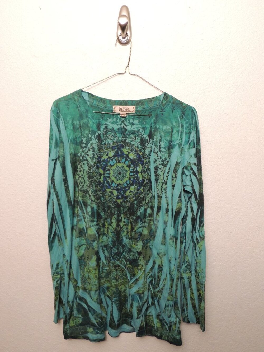 Decree Y2K Mandala Graphic Long Sleeve Top Teal Green Boho Fairy Grunge Sz XL